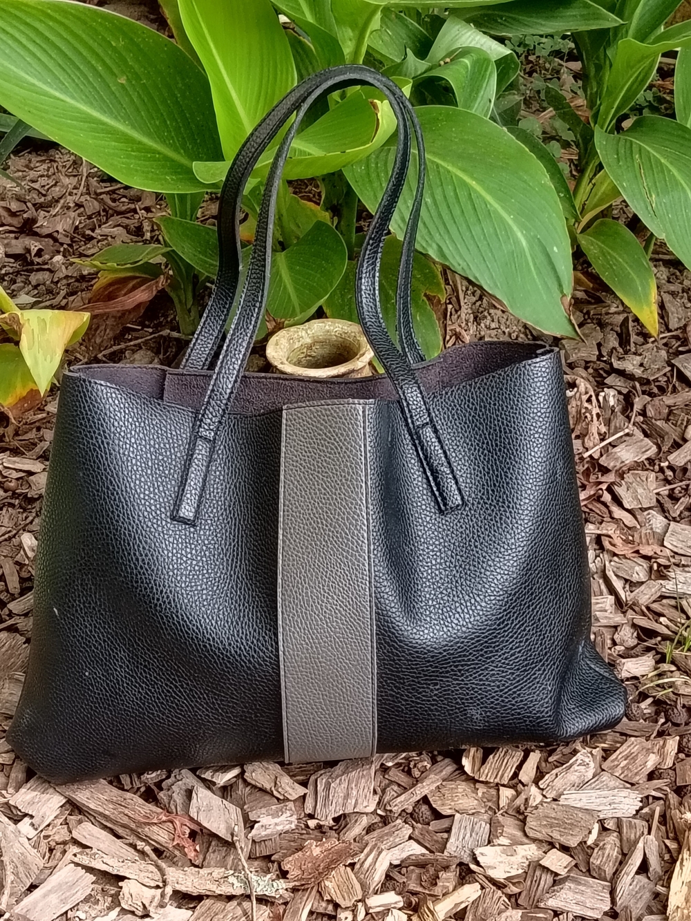 Vince Camuto Luck Black Tote with Gray Center Stripe